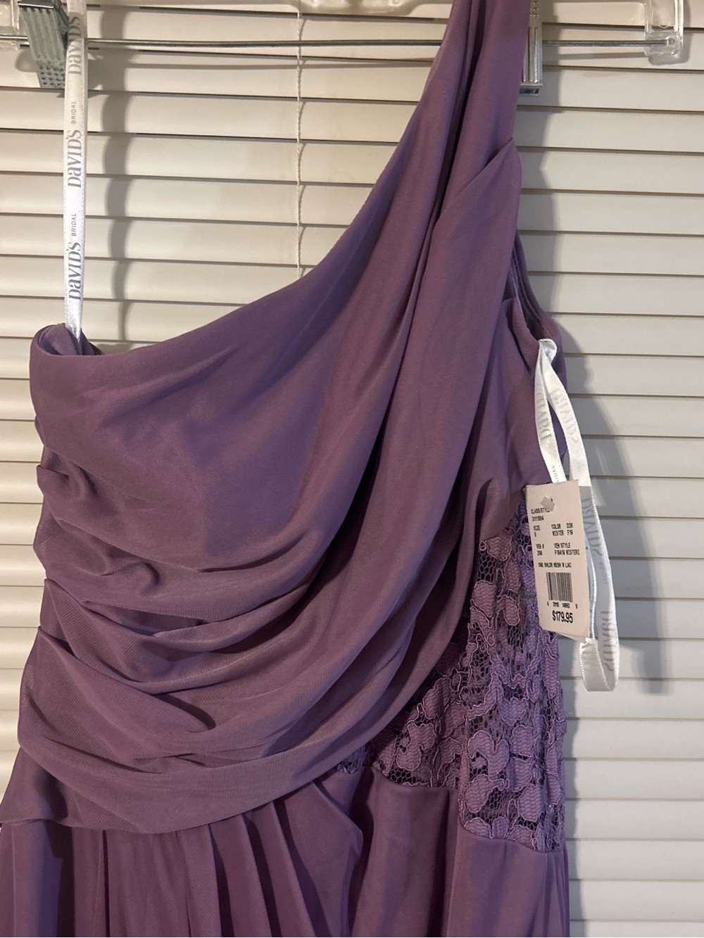 David's Bridal One-Shoulder Mauve Evening Gown Length is 60” strap to bottom - Picture 4 of 7
